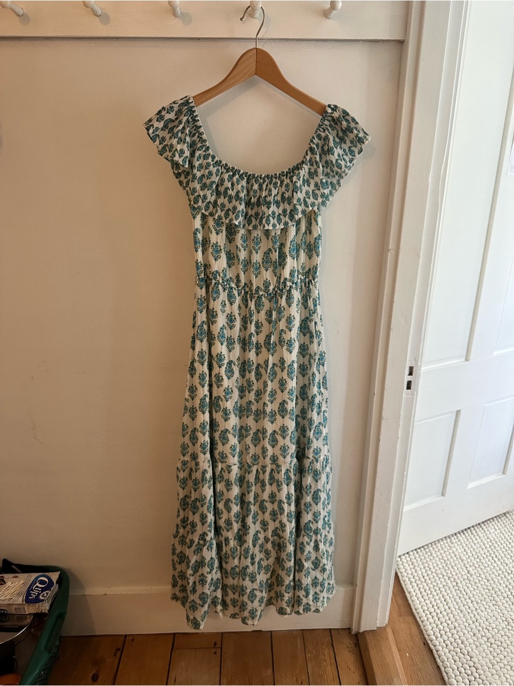 Club Monaco Teal and Cream Off-Shoulder Maxi Dress, size 8
